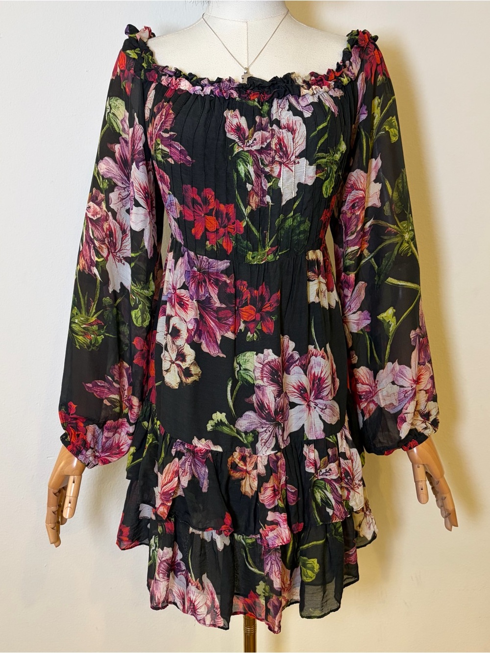Intermix Black Floral Silk Blend Mini Dress L USA